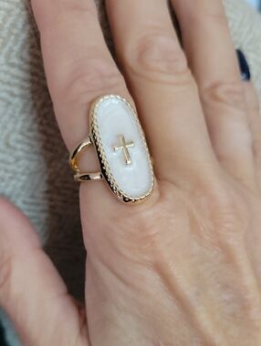 Gold Cross White Enamel Statement Ring - Women Jewelry